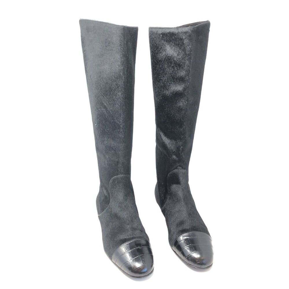 Migliorini Size 8 Calf Hair Leather Knee High Boots Lace Up Cap Toe Low Wedge